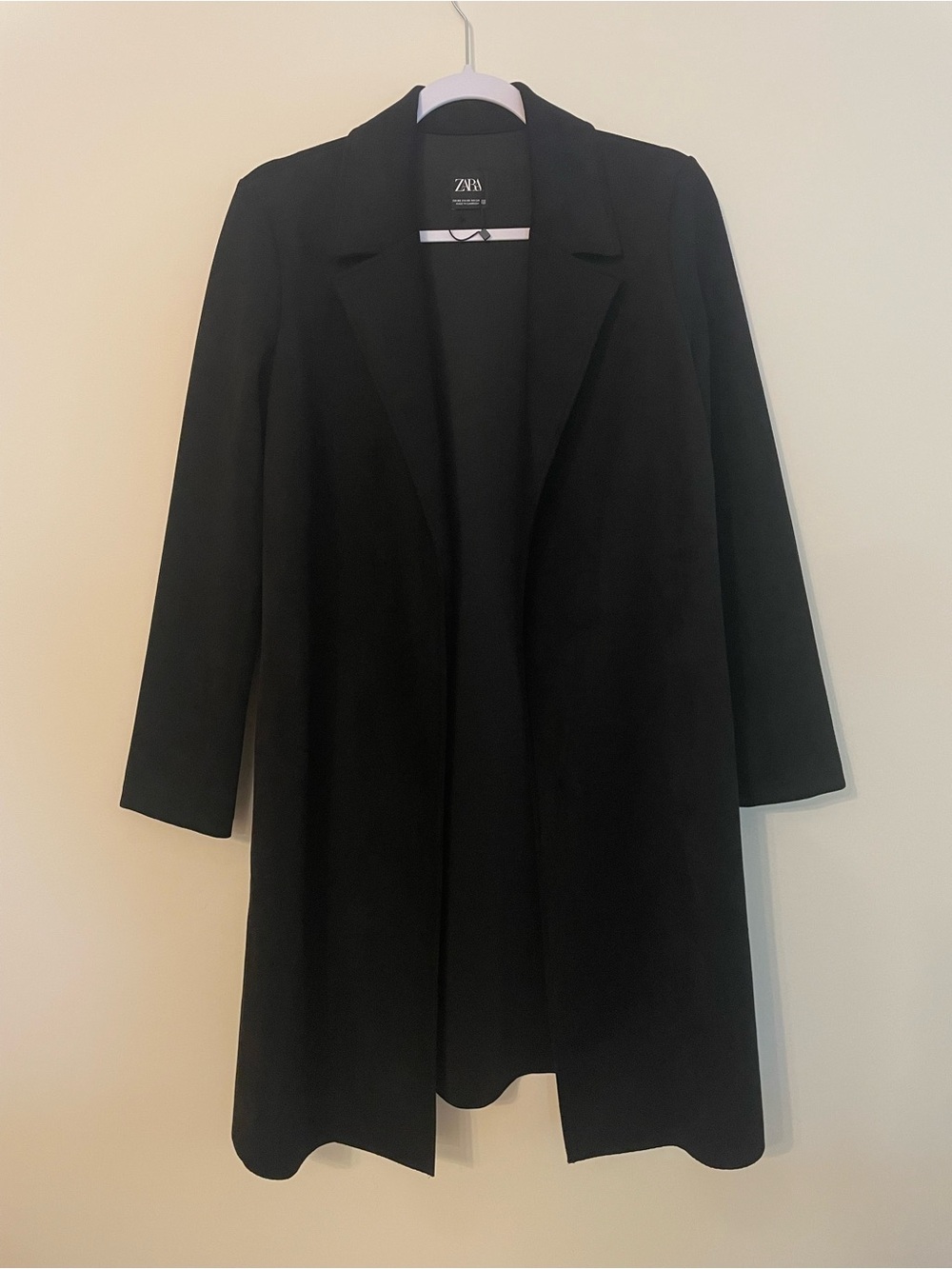 Zara Black Suede Longline Trench Coat Blazer Size XS